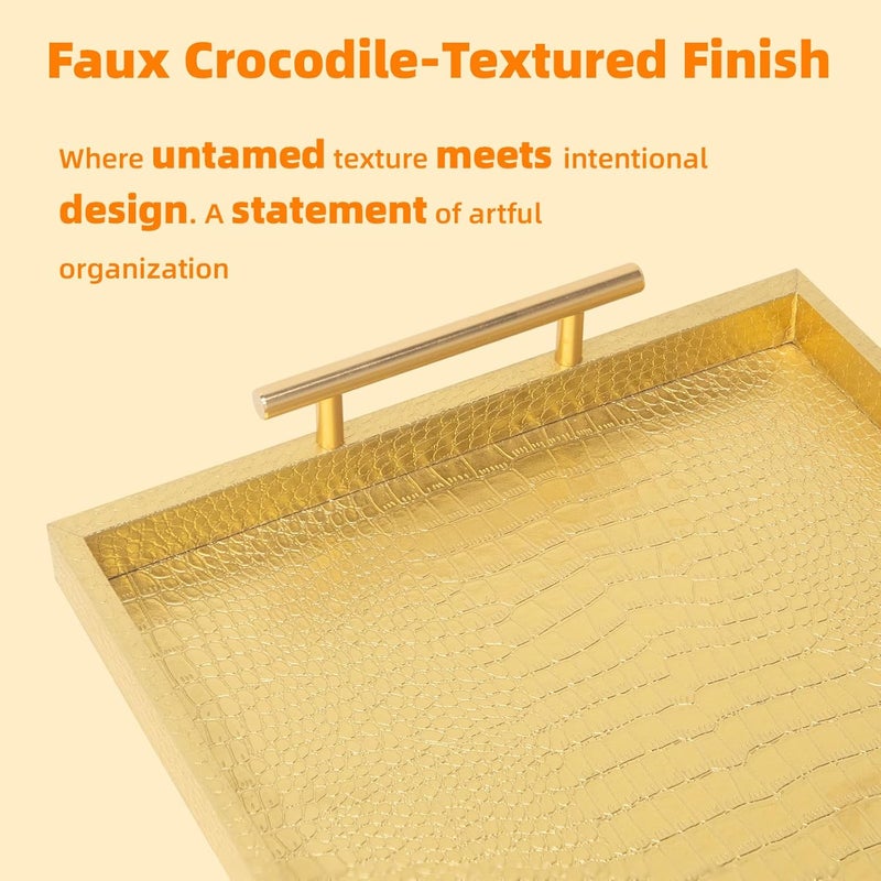 MACVAD Set of 2 Modern Elegant Large Wood Serving Tray, Rectangle Decorative Tray Ottoman Tay Coffee Table Tray, Gold Crocodile Leather with Gold Polished Metal Handles - Image 5